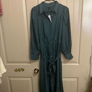 Ann Taylor Teal Long-Sleeve Button-Front Midi Dress with Self Tie